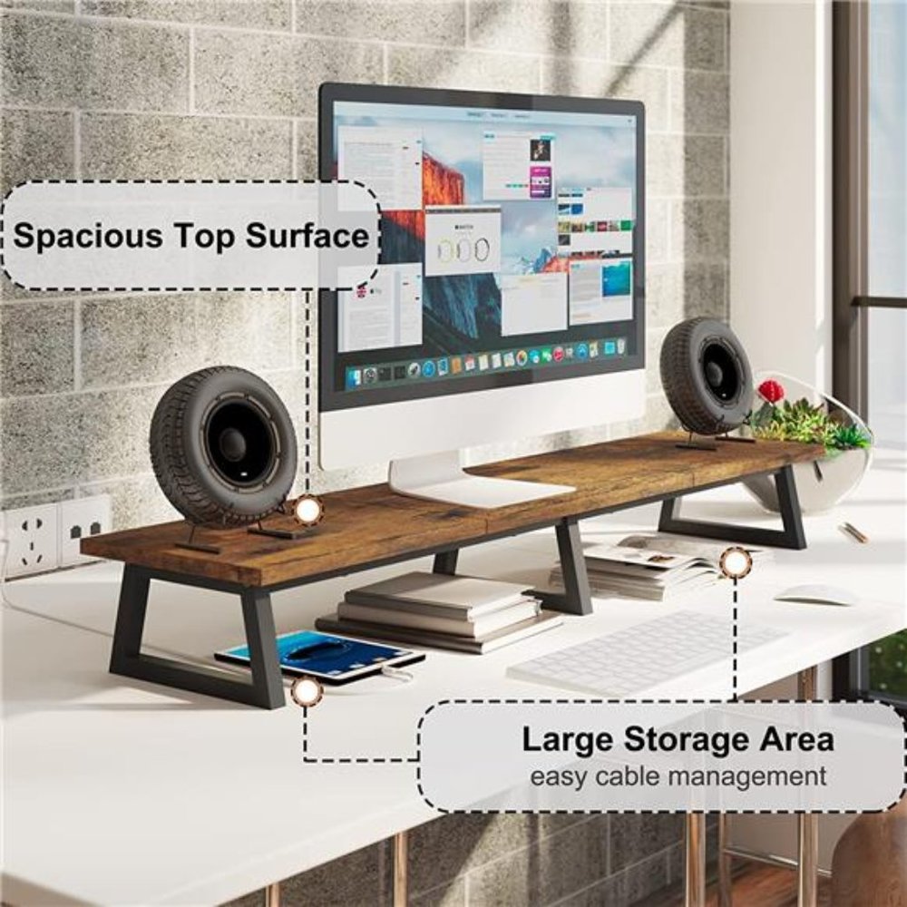 42 inch Large Dual Monitor Riser, Rustic Brow Wood & Steel Desktop Riser - Picture 2 of 6